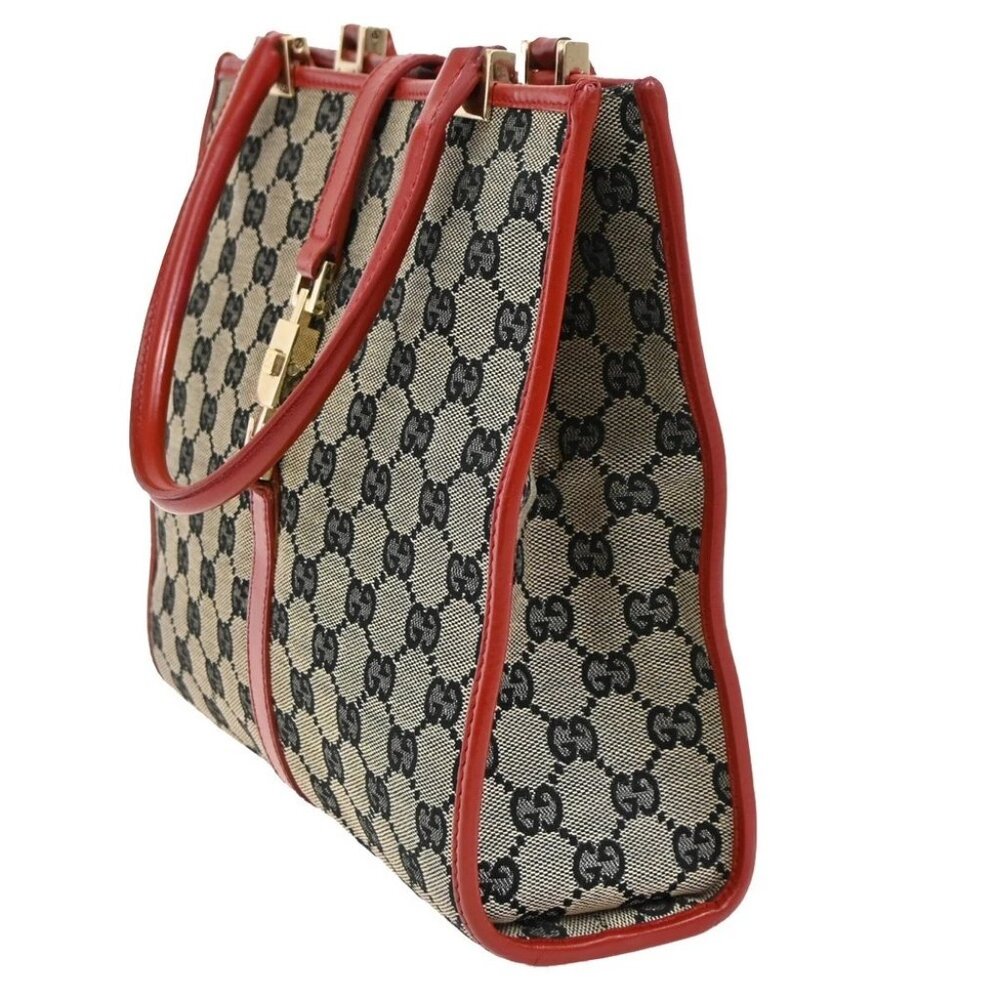 GUCCI GG Pattern Jackie Handbag Canvas Leather Black Red - Picture 3 of 14